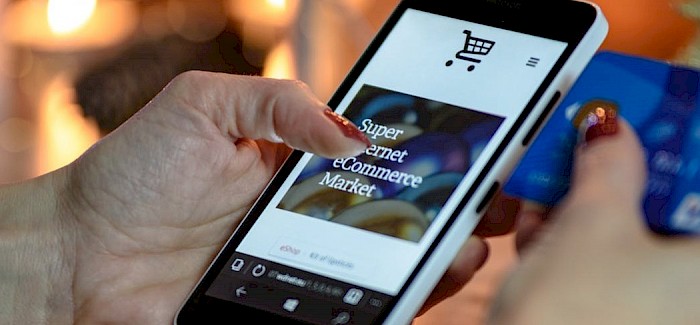 Bezahlvorgang bei Einkauf im Online-Handel mit Smartphone.