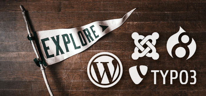Fahne mit Aufschrift "Explore" sowie den Logos von Worpress, Drupal, Joomla und TYPO3