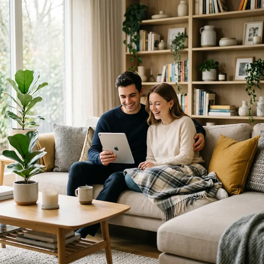 Ahorrar sin estrés: una pareja satisfecha con una tableta